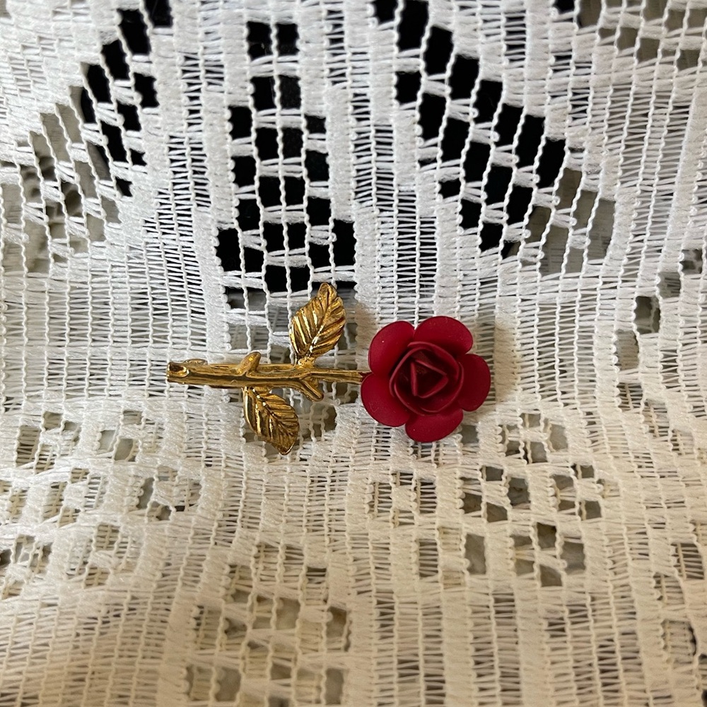 Gold and Red Rose Brooch